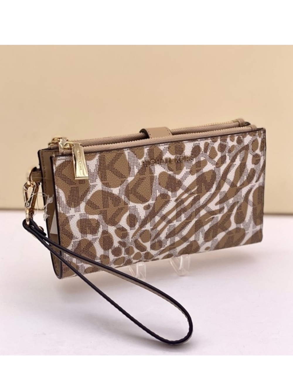 Michael Kors Jet Set Travel Double Zip Wallet Wristlet Animal Print Camel Multi